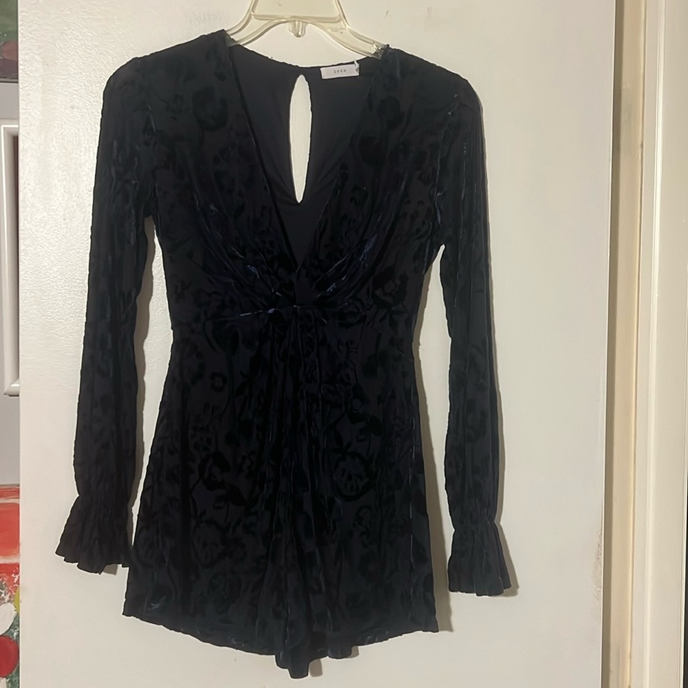 Lush darkest blue crushed velvet long sleeve deep v-neck romper